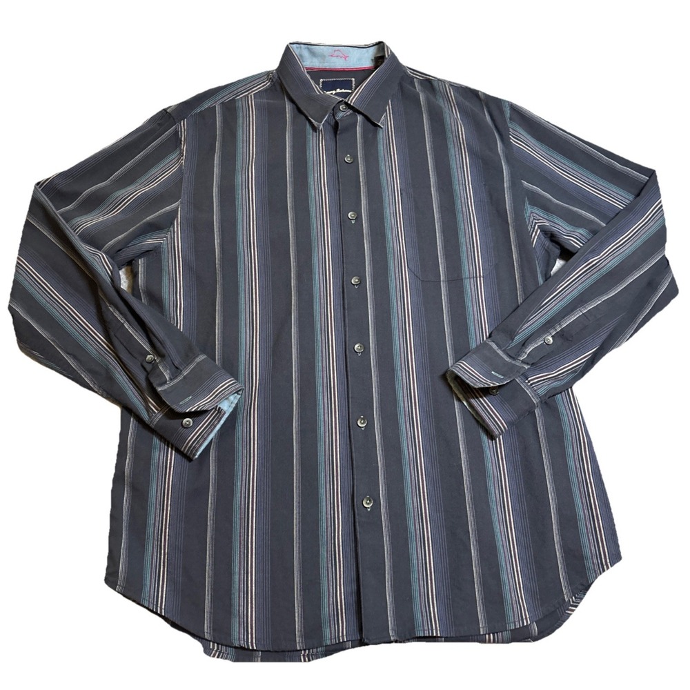 Tommy Bahama Button Down Men Navy Blue Excellent Stripe Silk Blend Large